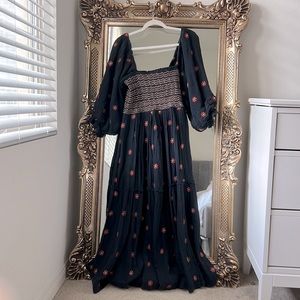 NEW Free People Dahlia Embroidered Maxi Dress Black Combo Smocked Floral Size M
